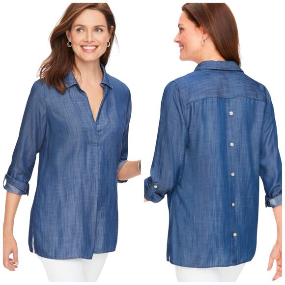 Talbots Tops - Talbots Tencel Chambray Top Collared Buttons On Back Roll Tab Sleeves Large